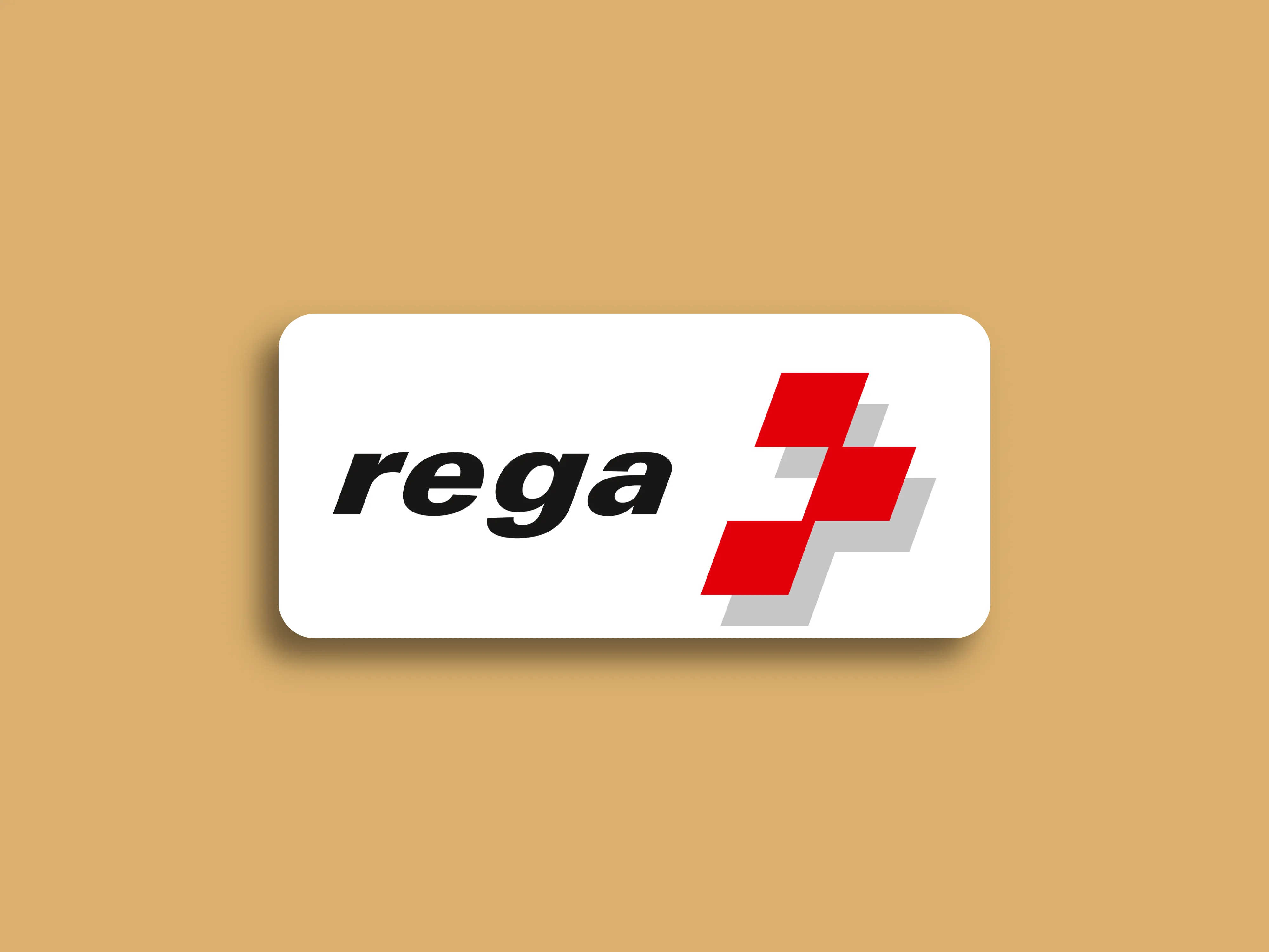 Das Logo von Rega auf beigem Hintergrund.