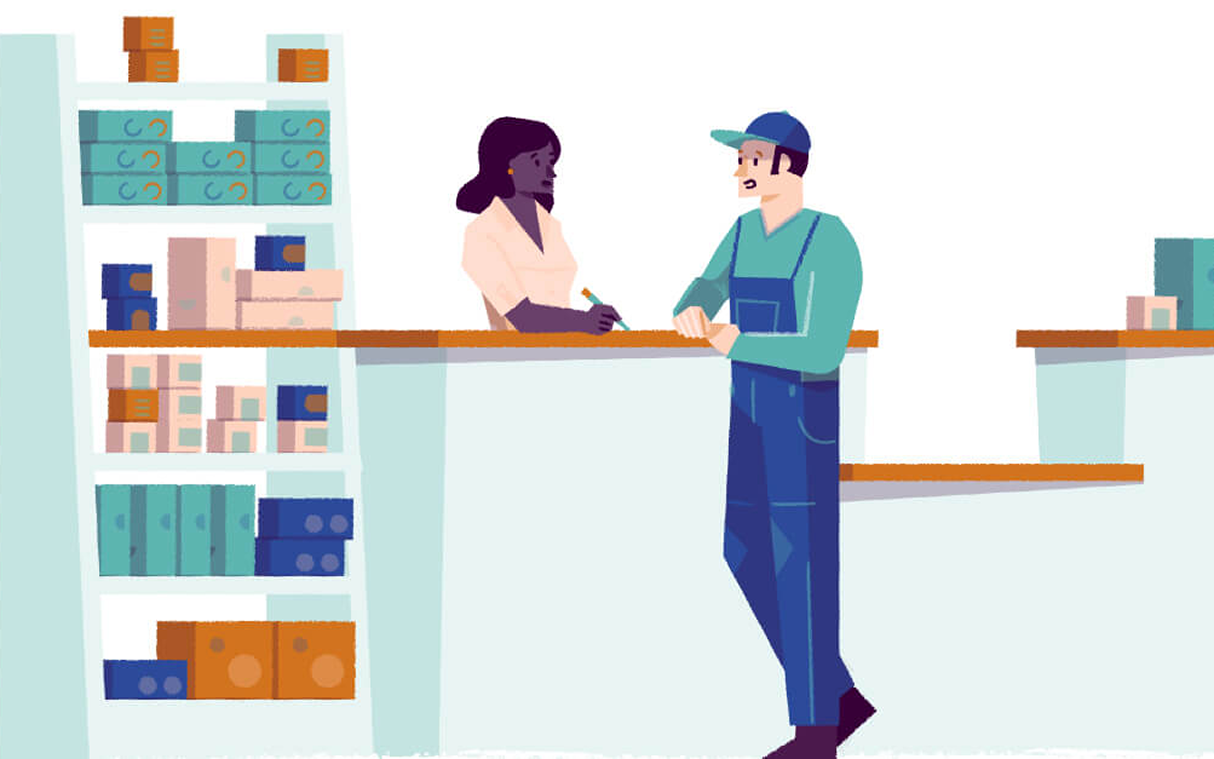 Une femme derrière un comptoir parle avec un homme portant une casquette et une salopette dans un magasin avec des étagères remplies de boîtes.