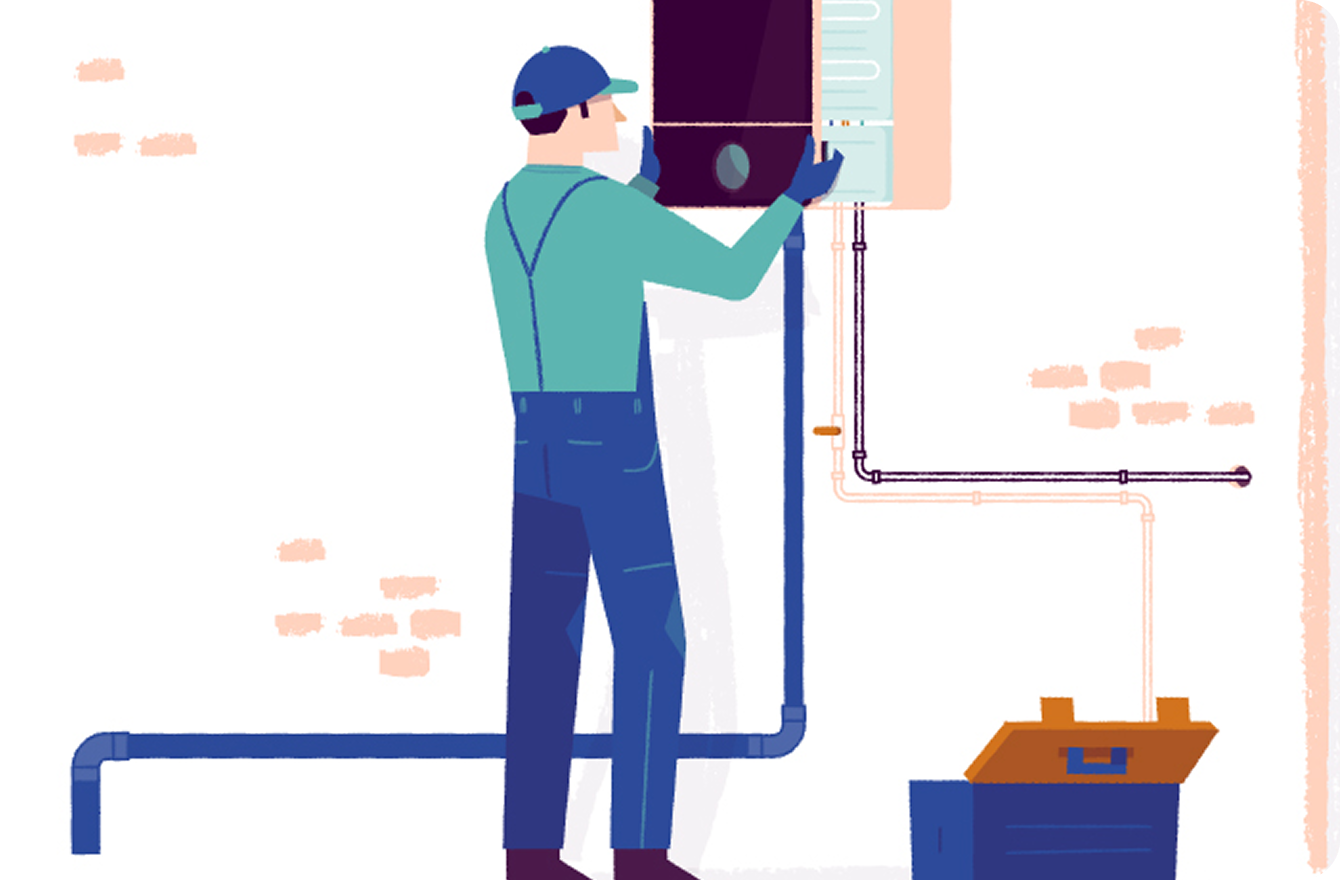 Technicien en vêtements de travail installant ou réparant un chauffe-eau mural avec une boîte à outils ouverte au sol.