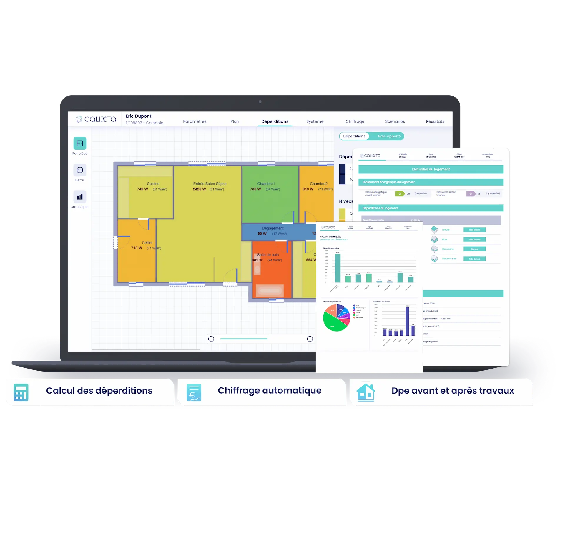 Ordinateur portable affichant un plan de maison en couleur avec les pertes énergétiques par pièce et deux rapports d'analyse énergétique superposés.