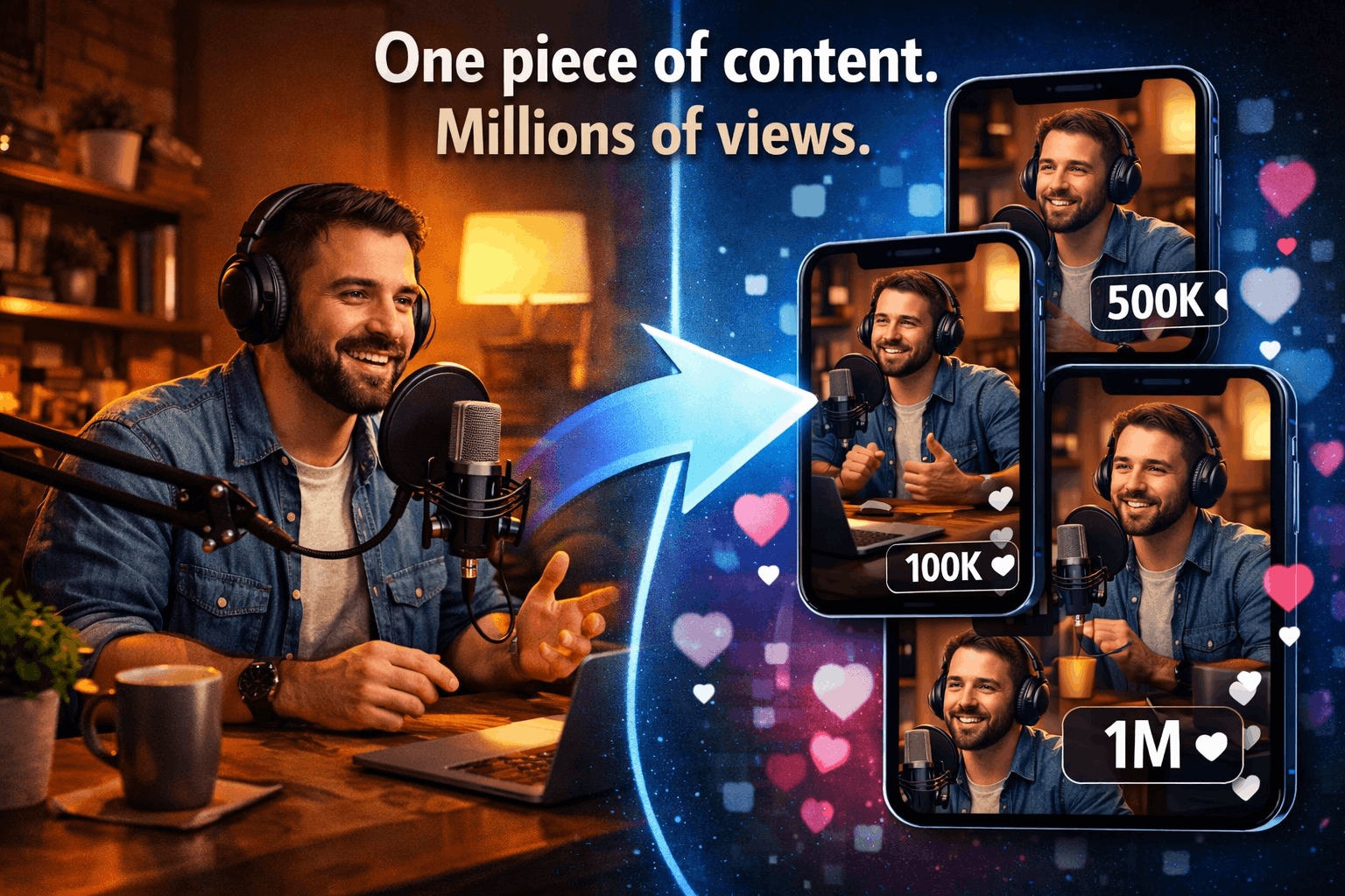 Split-screen visual showing a podcast recording on the left and multiple short-form video clips on phones on the right, illustrating how one piece of content can be repurposed into viral clips generating hundreds of thousands to millions of views.