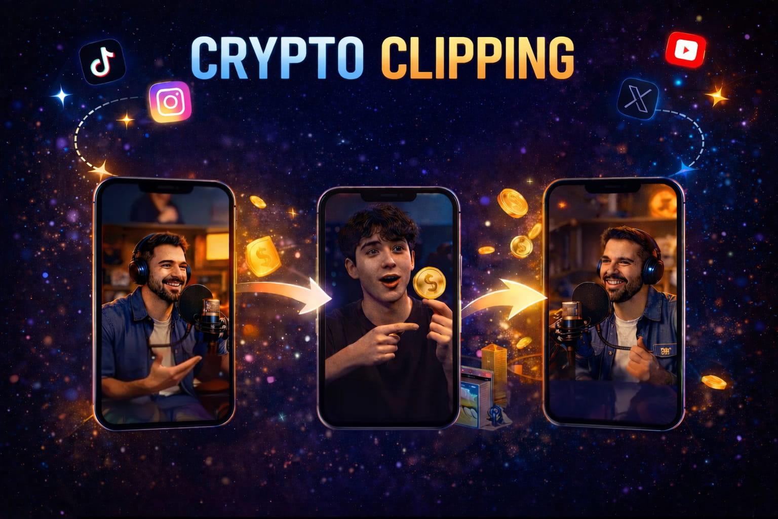 Crypto clipping concept showing short-form video creation and distribution across TikTok, Instagram, YouTube, and X, with creators discussing crypto and generating engagement through multiple clips.