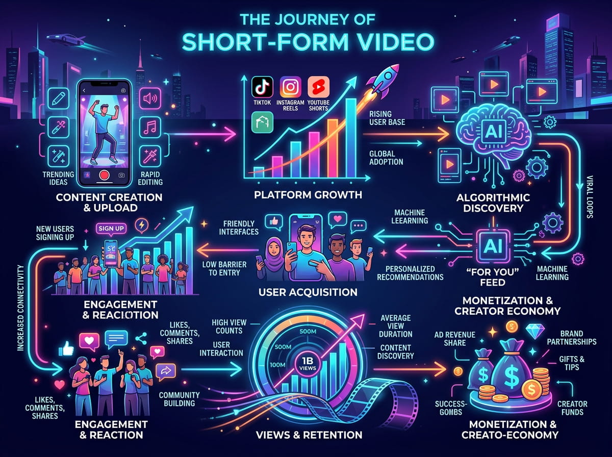 Infographic illustrating the journey of short-form video, showing stages from content creation and platform growth to user acquisition, algorithmic discovery, engagement, and monetization, with visual elements like charts, social media icons, AI systems, and audience interaction.