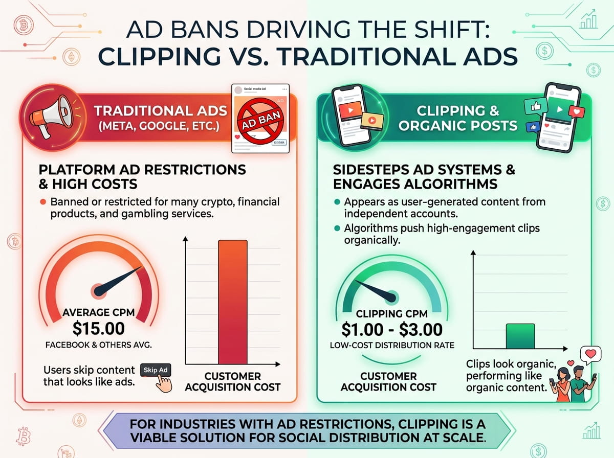 Infographic comparing traditional ads vs. clipping, showing how ad restrictions and high costs contrast with low-cost, organic reach and algorithm-driven engagement of clipping strategies.