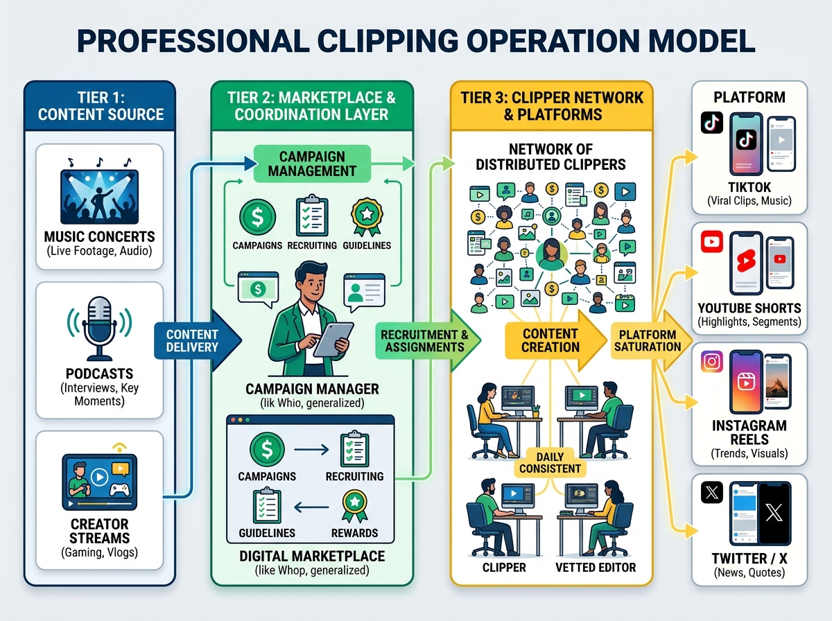 Infographic showing a professional clipping operation model, from content sources and campaign management to distributed clippers creating and publishing short-form videos across TikTok, YouTube Shorts, Instagram Reels, and X.
