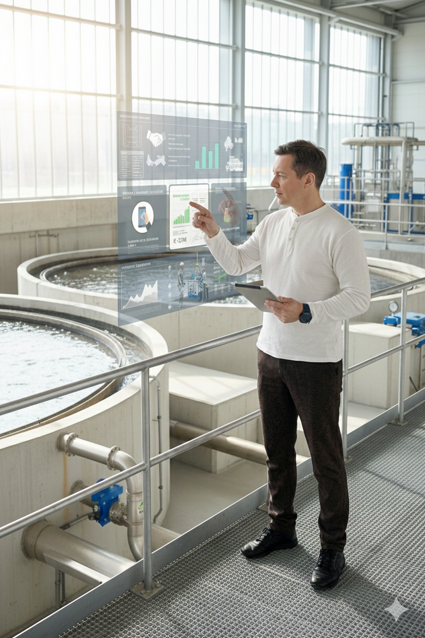 Man holding a tablet and interacting with futuristic digital data displays at a water treatment facility.