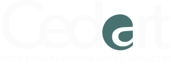 Logo Cedart avec baseline “Sites pour praticien·nes du bien-être”, design minimaliste blanc et vert.