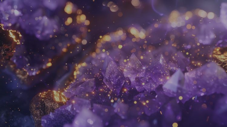Cristaux violets d’améthyste scintillant avec particules lumineuses dorées, ambiance mystique et énergétique.