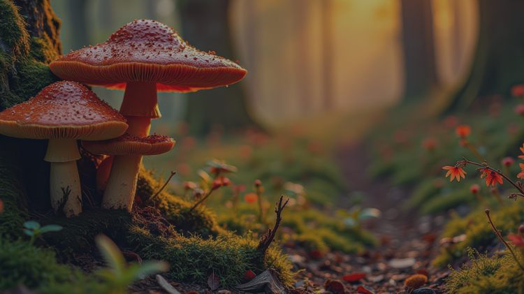 Champignons rouges dans une forêt au lever du soleil, lumière dorée et ambiance naturelle et mystique.