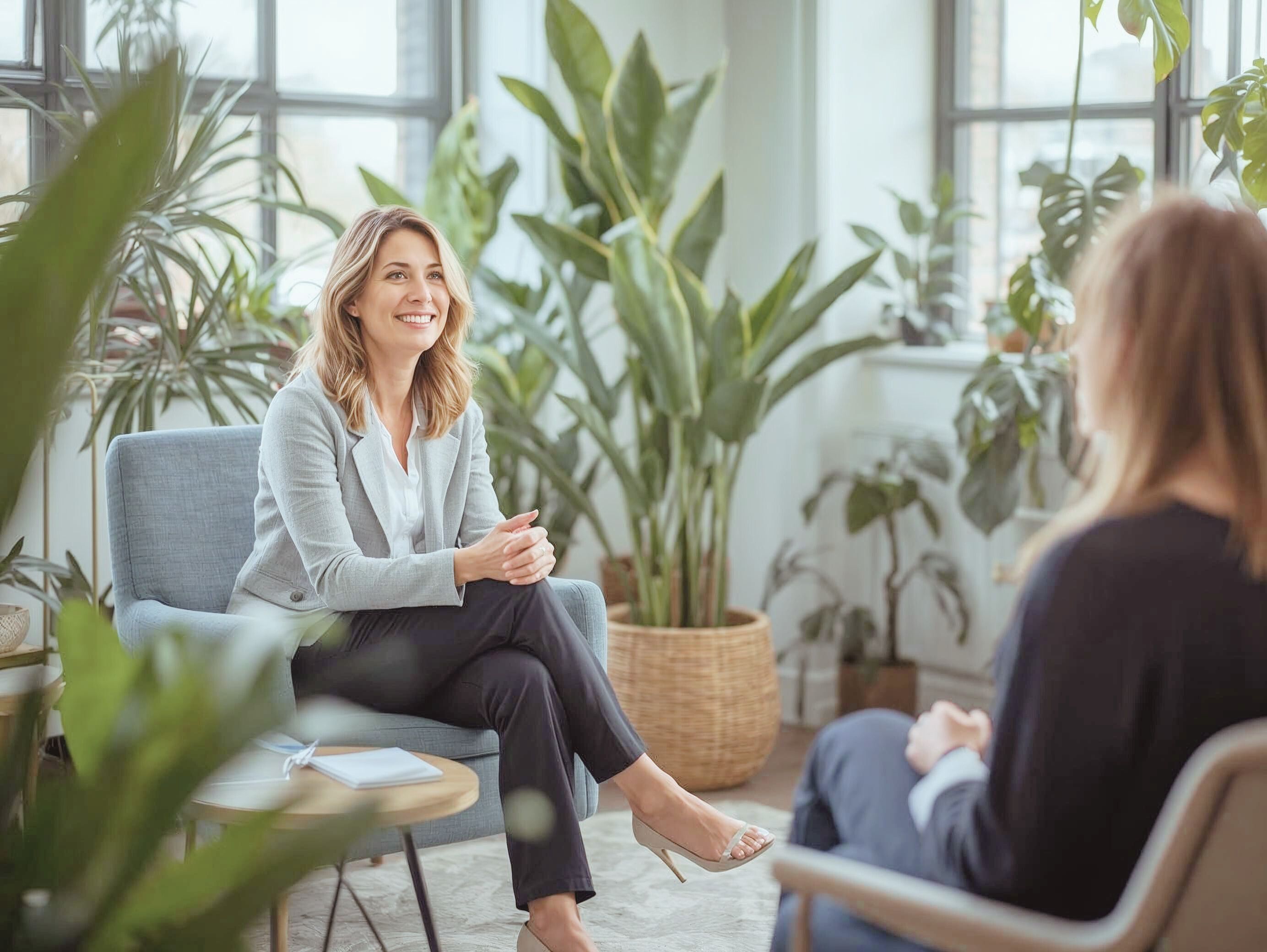 Thérapeute souriante en consultation individuelle dans un cabinet lumineux entouré de plantes, ambiance chaleureuse et apaisante.