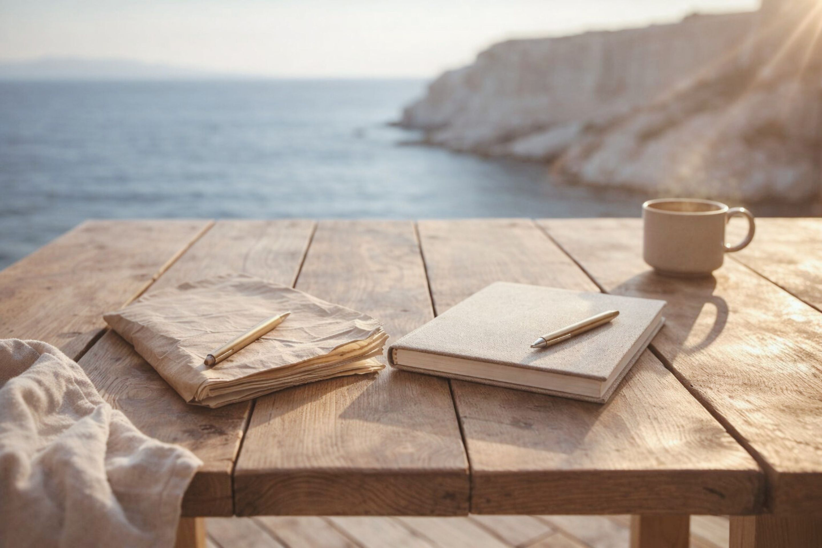 Carnets sur table face à la mer illustrant renouveau et refonte de site internet.