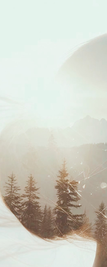 Profil d’une femme en double exposition avec paysage forestier et montagnes, lumière chaude et atmosphère poétique.
