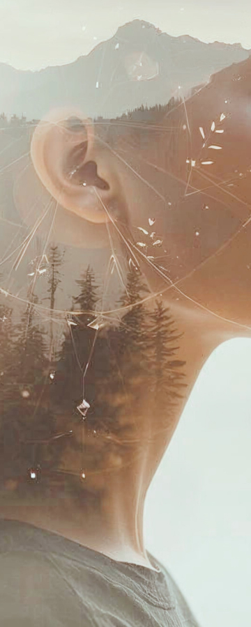 Silhouette féminine en double exposition avec forêt de sapins et montagnes, lumière dorée et ambiance contemplative.