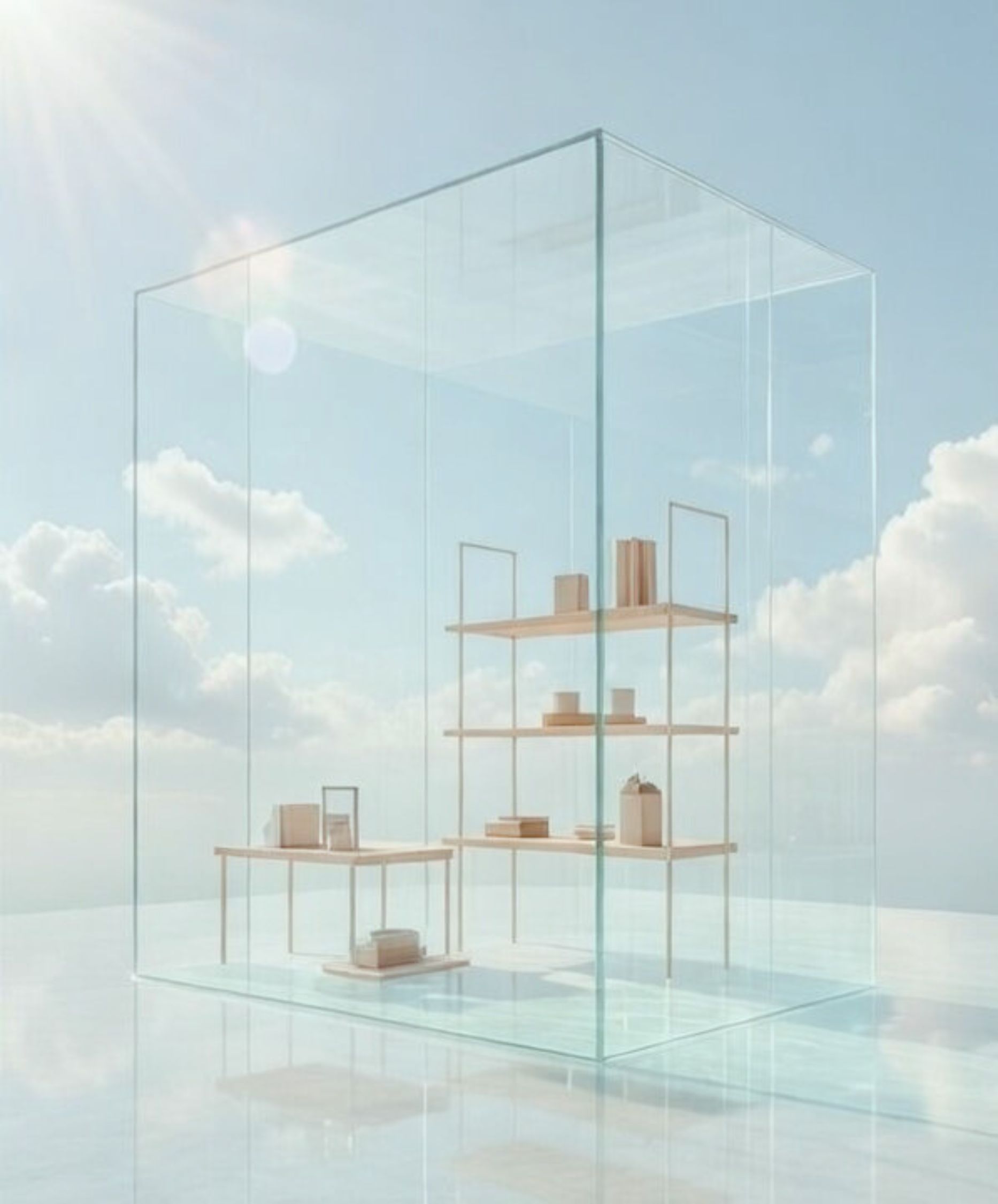 Structure en verre minimaliste contenant des étagères et objets épurés, lumière naturelle et ciel bleu en arrière-plan.
