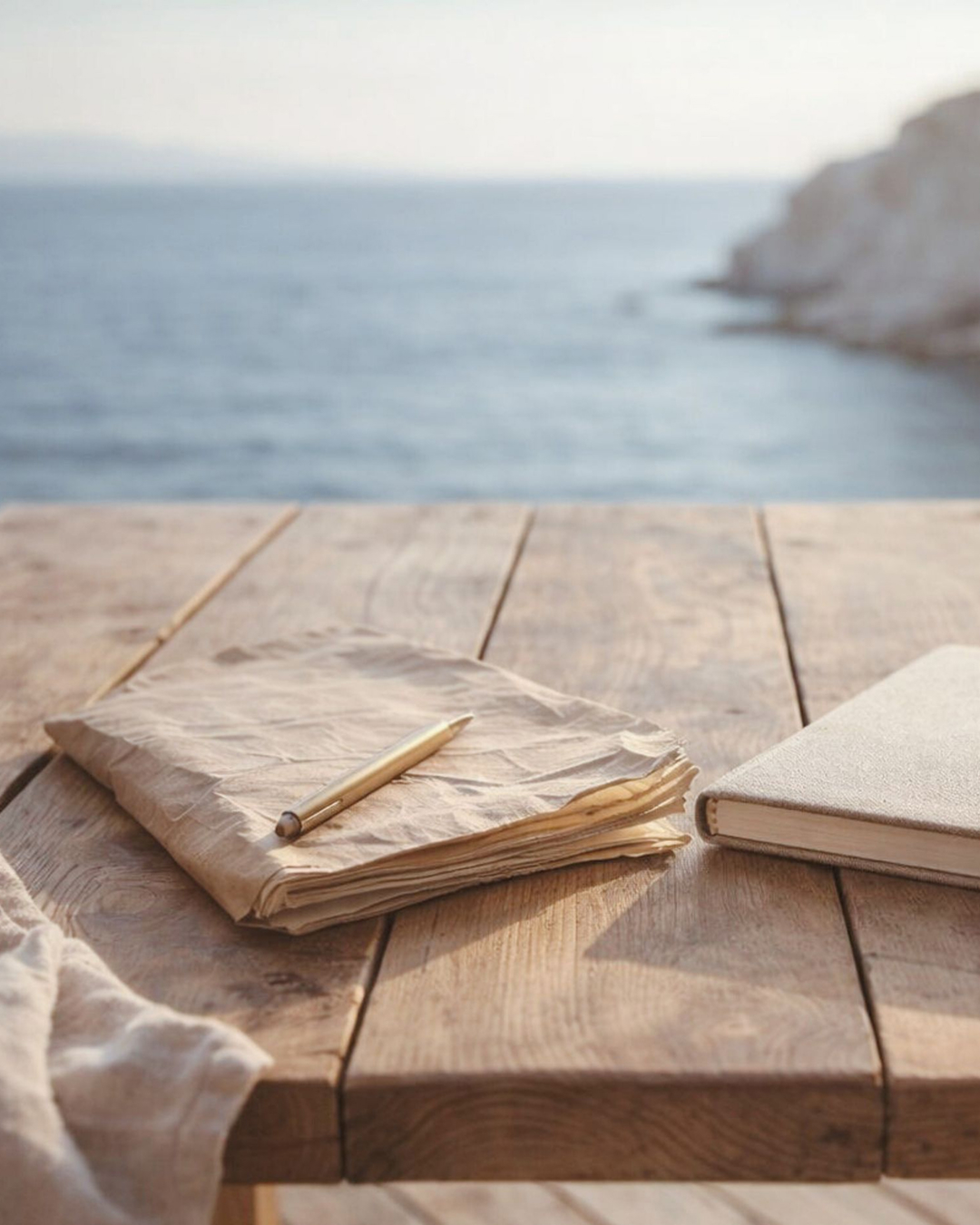 Carnets et stylo sur table en bois face à la mer au lever du soleil, ambiance douce et inspirante.