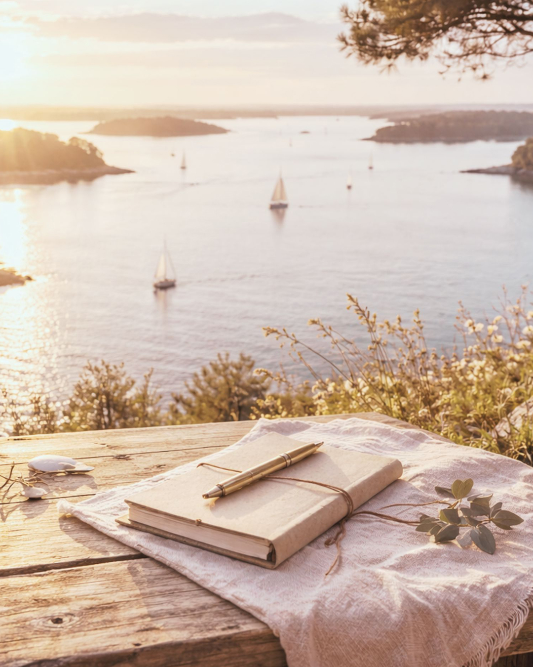 Carnet et tasse de café sur table en bois face à un paysage marin au lever du soleil, ambiance douce et inspirante.