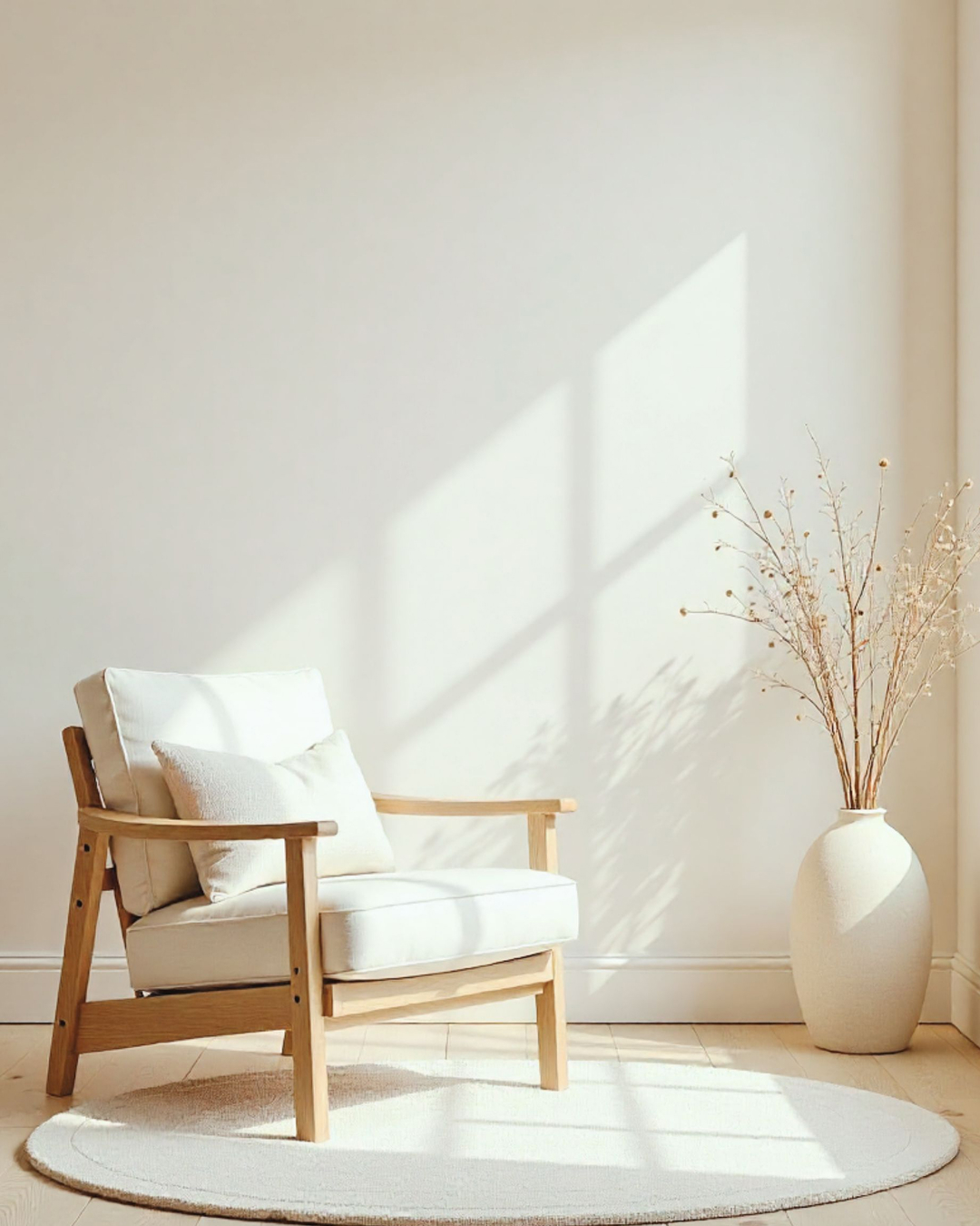 Espace épuré et lumineux avec fauteuil en bois, lumière naturelle et atmosphère harmonieuse et apaisante.
