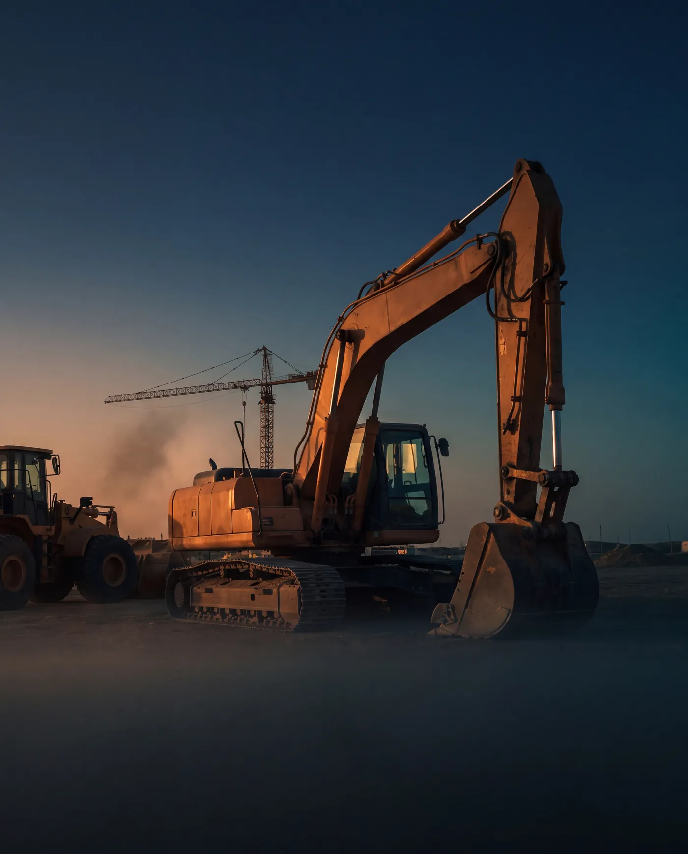 Excavator, wheel loader and tower crane on a Saudi site at dusk