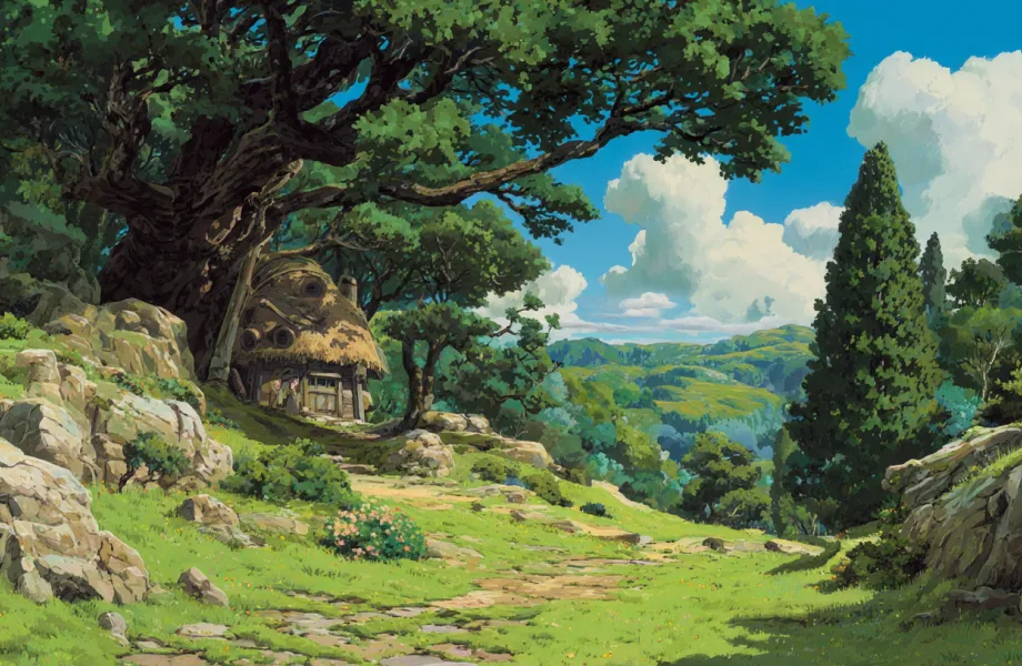 Countryside path leading to a small thatched cottage under a large tree with rolling green hills and a blue sky with clouds in the background.