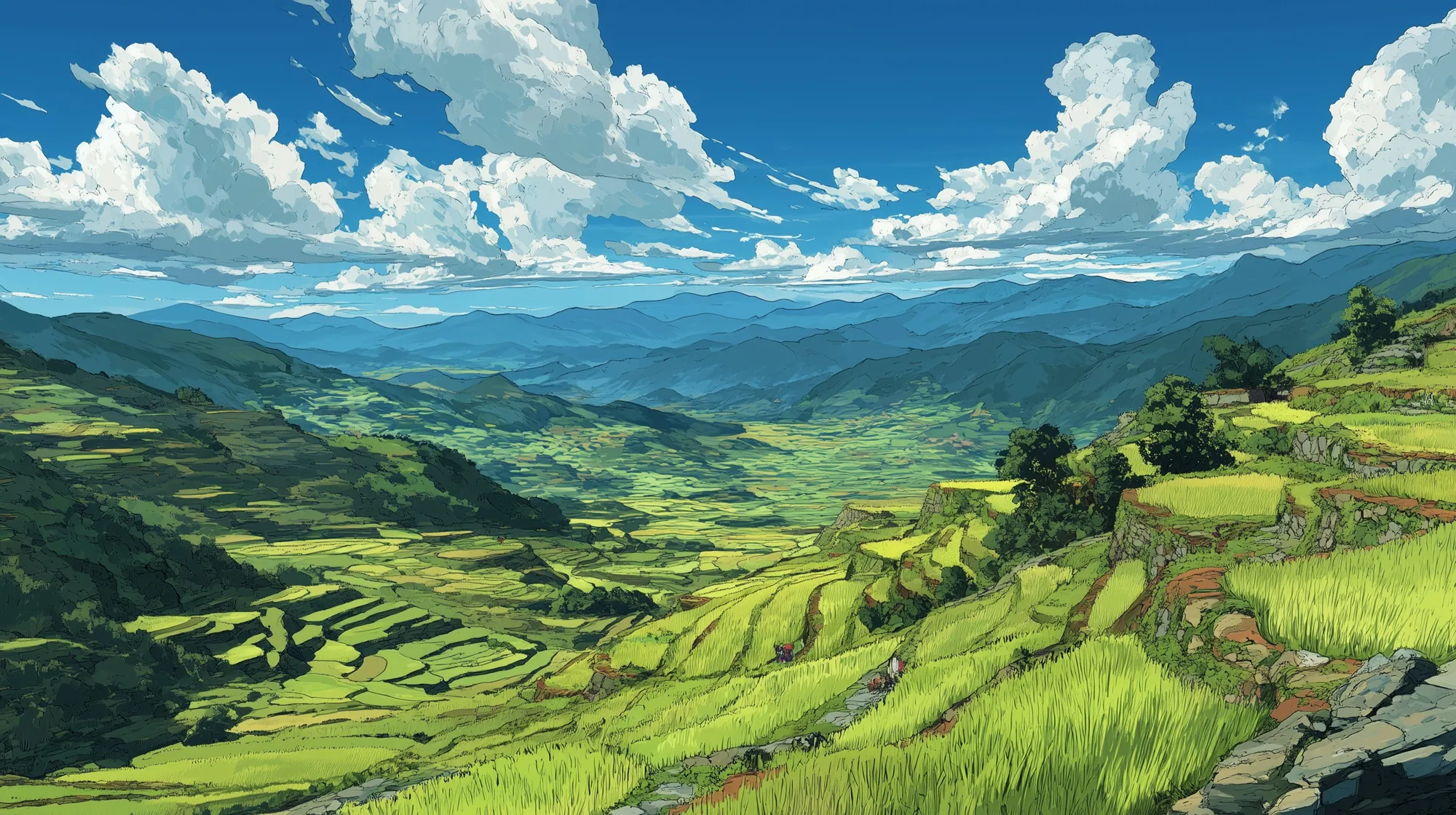 Illustration of lush green terraced fields on rolling hills under a blue sky with large white clouds.