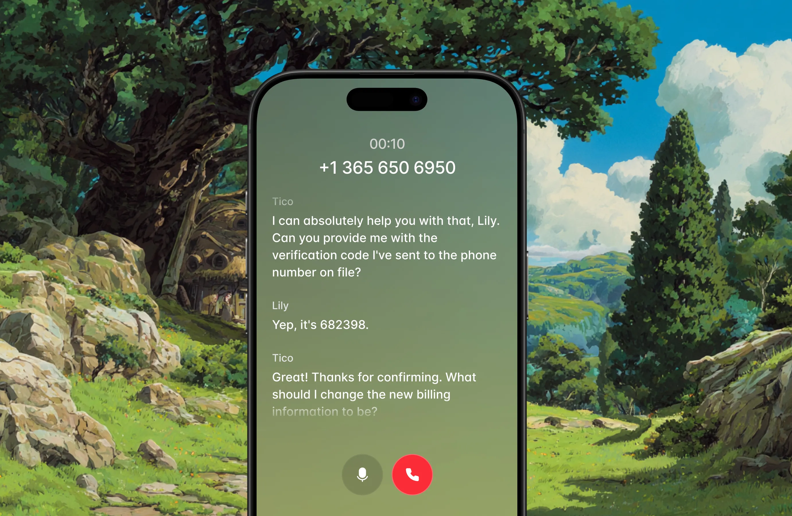 Smartphone displaying a call screen with a conversation asking for a verification code and updating billing information, set against a scenic background of trees, rocks, and blue sky.