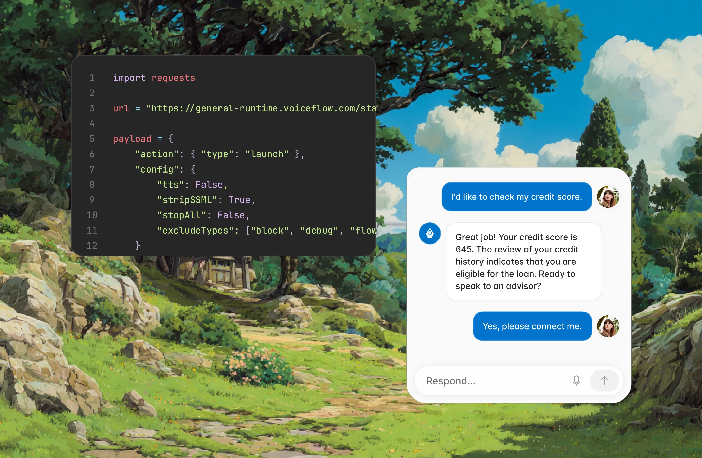 Code snippet for a payload request overlaying a fantasy landscape with a chat window showing a user checking their credit score and requesting to speak to an advisor.