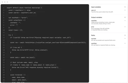 Code editor displaying JavaScript function for fetching user data from an API, with input and output variable descriptions and error handling.