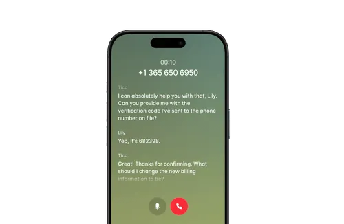 Smartphone screen displaying a call in progress with number +1 365 650 6950 and a chat with Tico and Lily discussing a verification code and billing information.