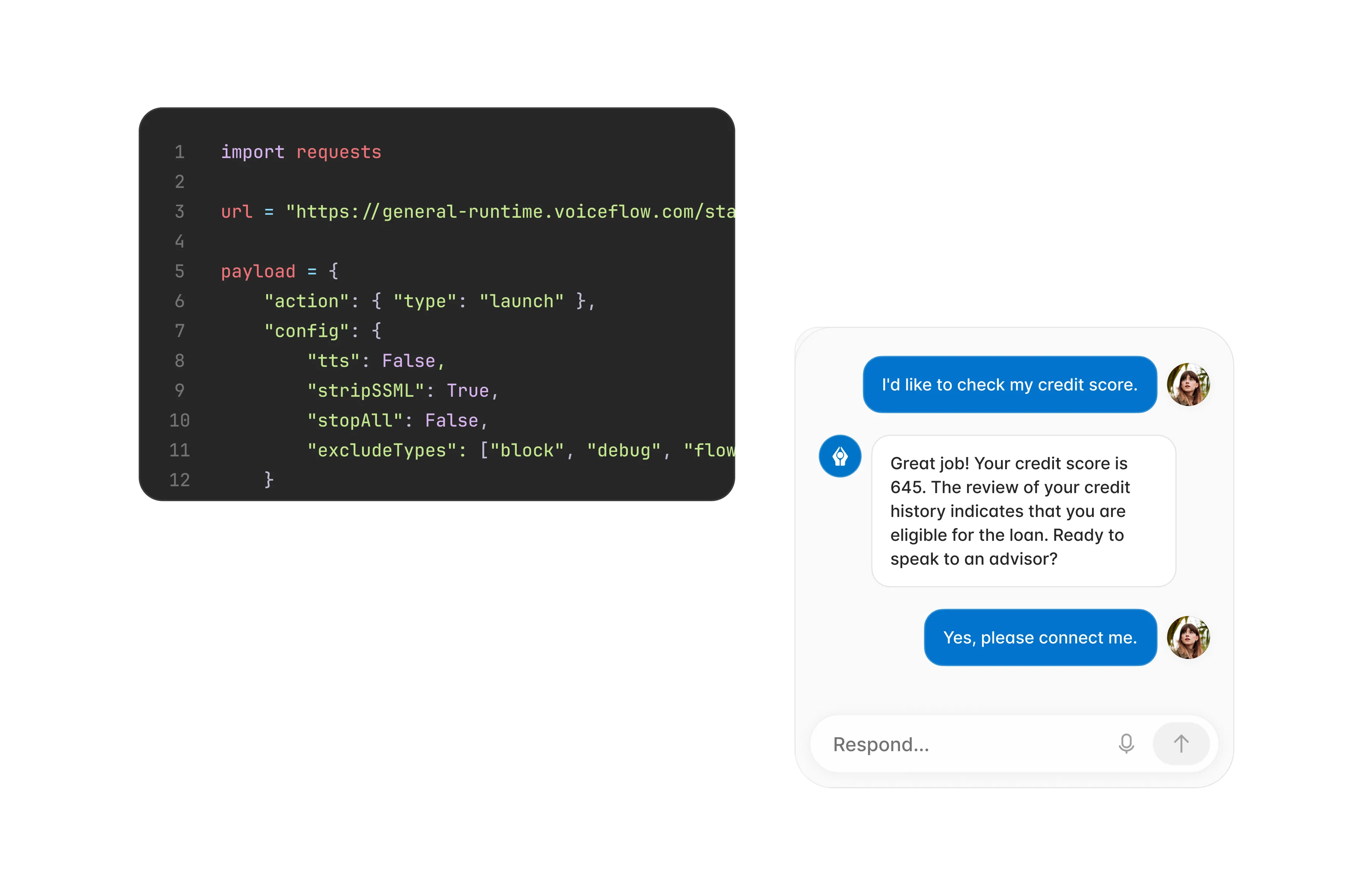 Python code snippet showing a payload configuration for a URL request, next to a chatbot conversation about checking a credit score rated 645 and eligibility for a loan.