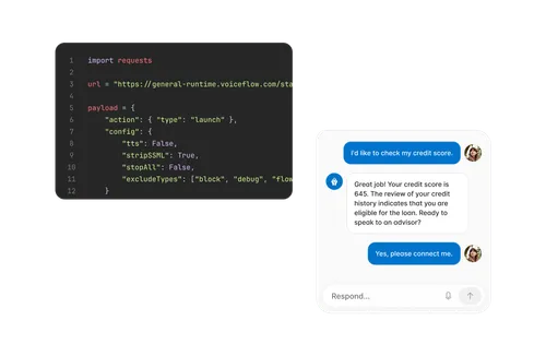 Python code snippet showing a payload configuration for a URL request, next to a chatbot conversation about checking a credit score rated 645 and eligibility for a loan.