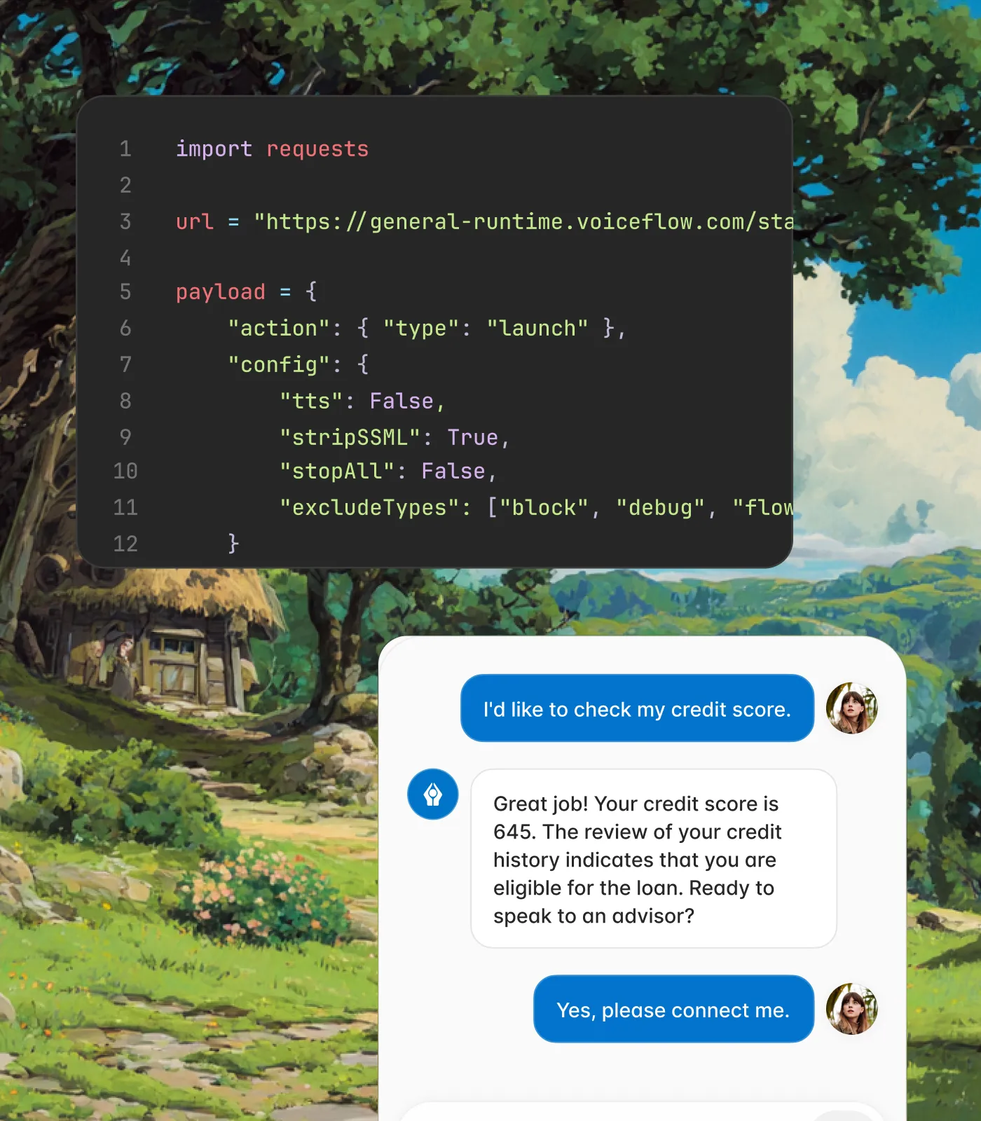 Code snippet using Python requests library above a chat interface where a user checks credit score and gets a loan eligibility response.