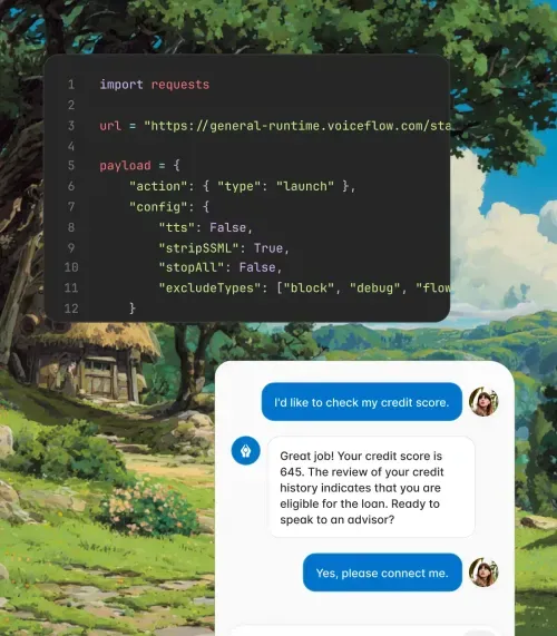 Code snippet using Python requests library above a chat interface where a user checks credit score and gets a loan eligibility response.