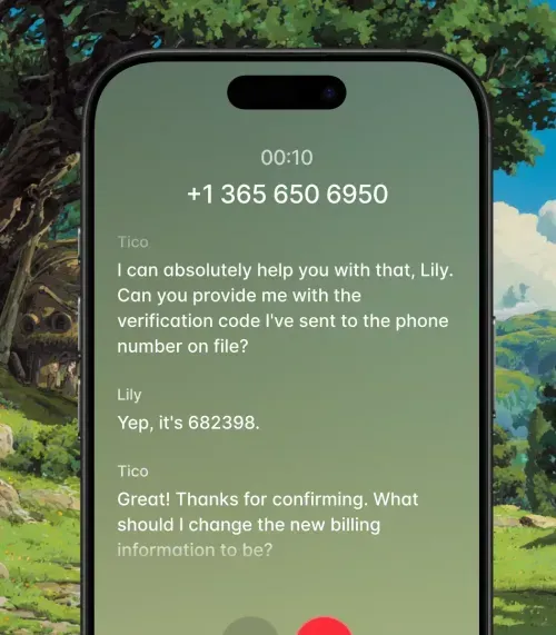 Smartphone screen showing a call timer at 10 seconds with phone number +1 365 650 6950 and a conversation where Tico asks Lily for a verification code, Lily replies with 682398, then Tico asks about changing billing information.