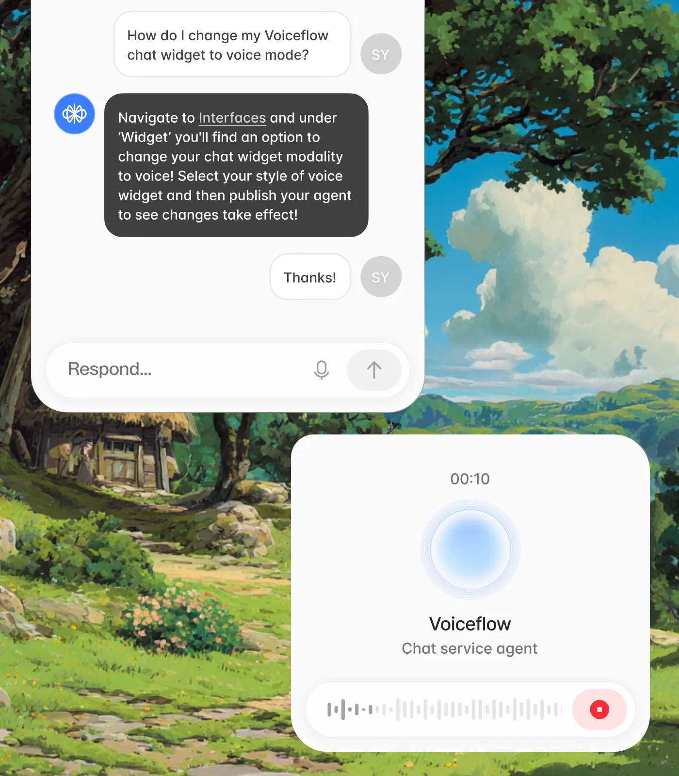 Chat interface showing a conversation about changing Voiceflow chat widget to voice mode, alongside a voice recording interface with a timer and stop button over a scenic countryside background.