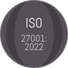 Dark circular badge with text 'ISO 27001: 2022' in white.