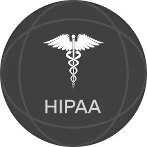 White medical caduceus symbol above the acronym HIPAA on a dark circular background.