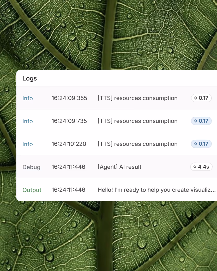 Interface showing logs of resource consumption, AI results, and output messages displayed over a close-up image of a green leaf with water droplets.