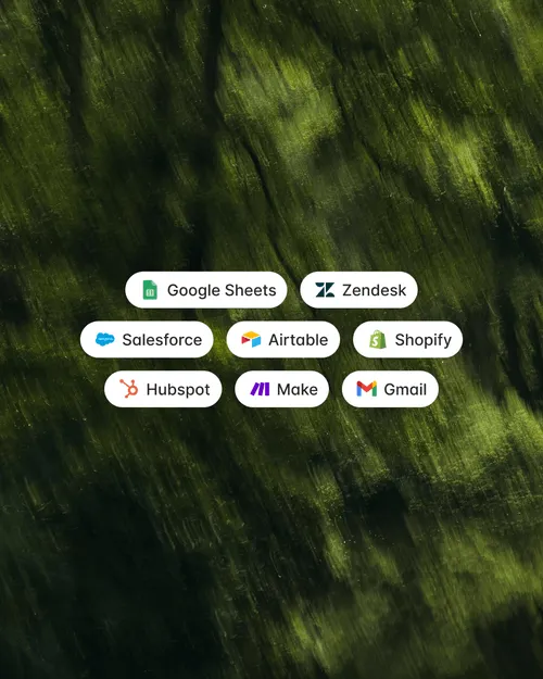 Logos of Google Sheets, Zendesk, Salesforce, Airtable, Shopify, Hubspot, Make, and Gmail on a blurred green forest background.