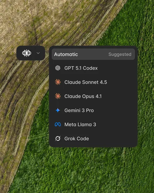 Dropdown menu displaying AI model options: GPT 5.1 Codex, Claude Sonnet 4.5, Claude Opus 4.1, Gemini 3 Pro, Meta Llama 3, and Grok Code on a background of aerial farmland.