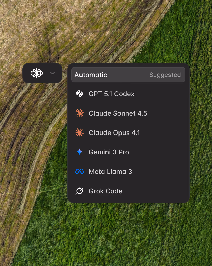 Dropdown menu displaying AI model options: GPT 5.1 Codex, Claude Sonnet 4.5, Claude Opus 4.1, Gemini 3 Pro, Meta Llama 3, and Grok Code on a background of aerial farmland.