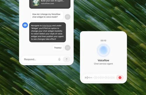 Voiceflow chat widget displaying a conversation about changing chat to voice mode, beside a voice recording interface showing a 10-second timer and a stop button.