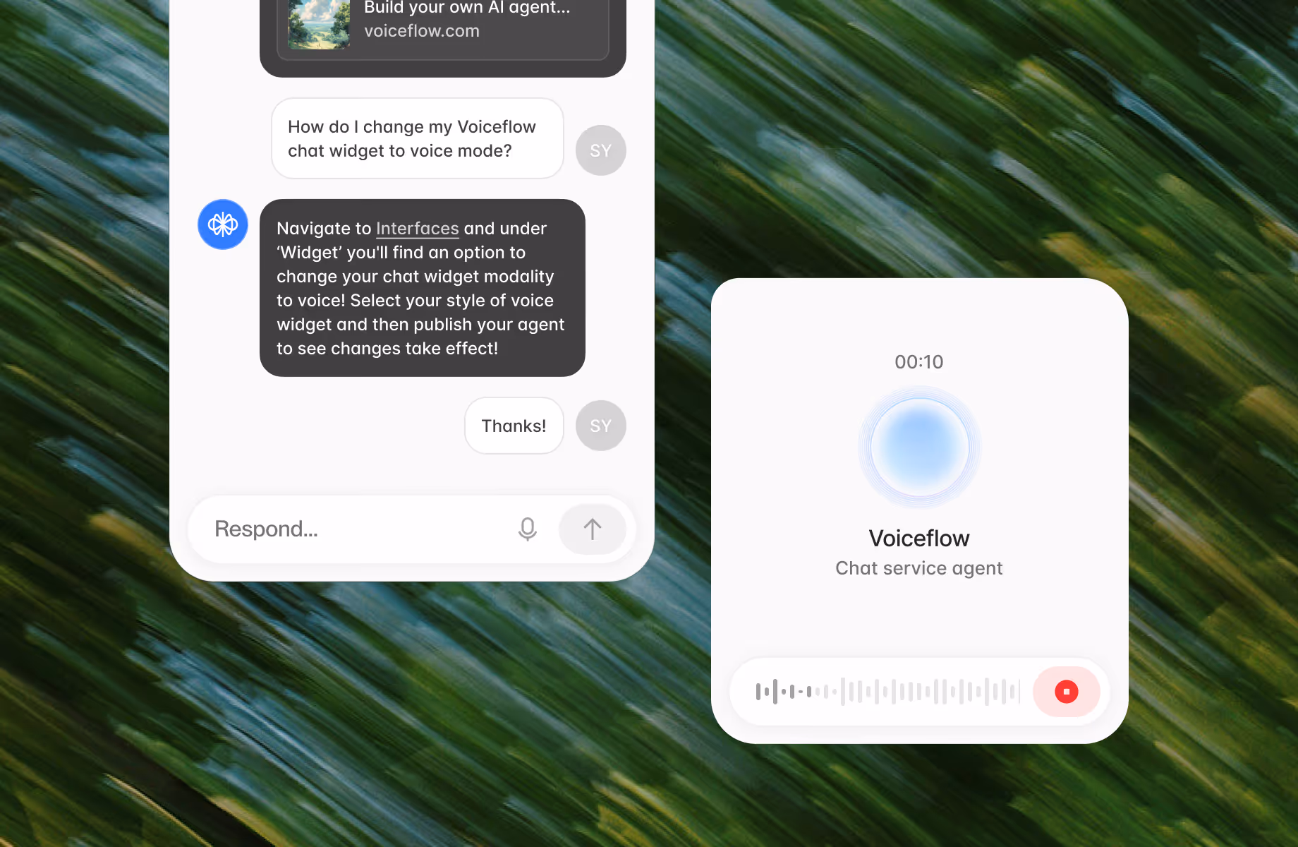 Voiceflow chat widget displaying a conversation about changing chat to voice mode, beside a voice recording interface showing a 10-second timer and a stop button.