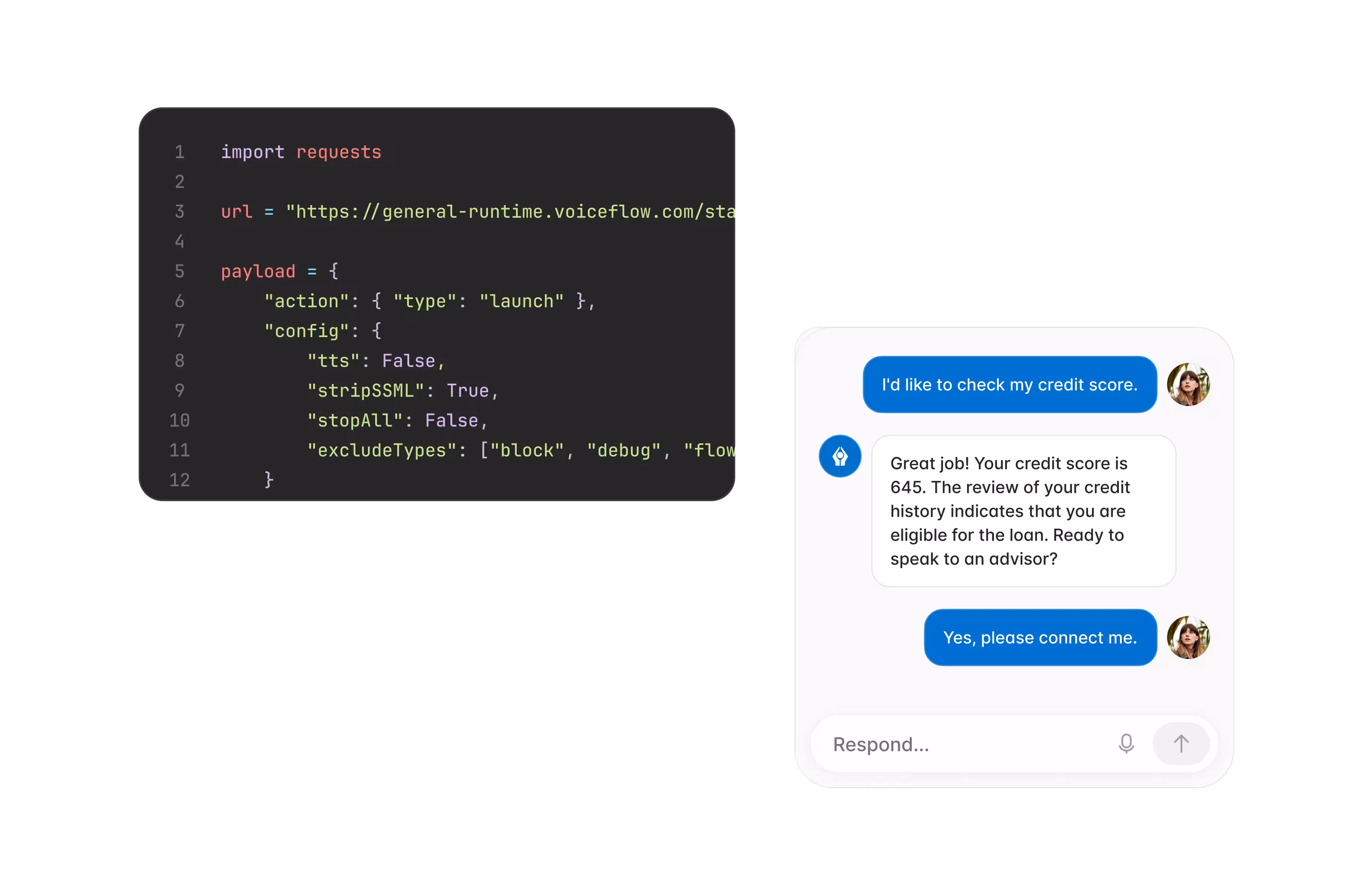 Python code snippet showing a payload configuration for a URL request, next to a chatbot conversation about checking a credit score rated 645 and eligibility for a loan.