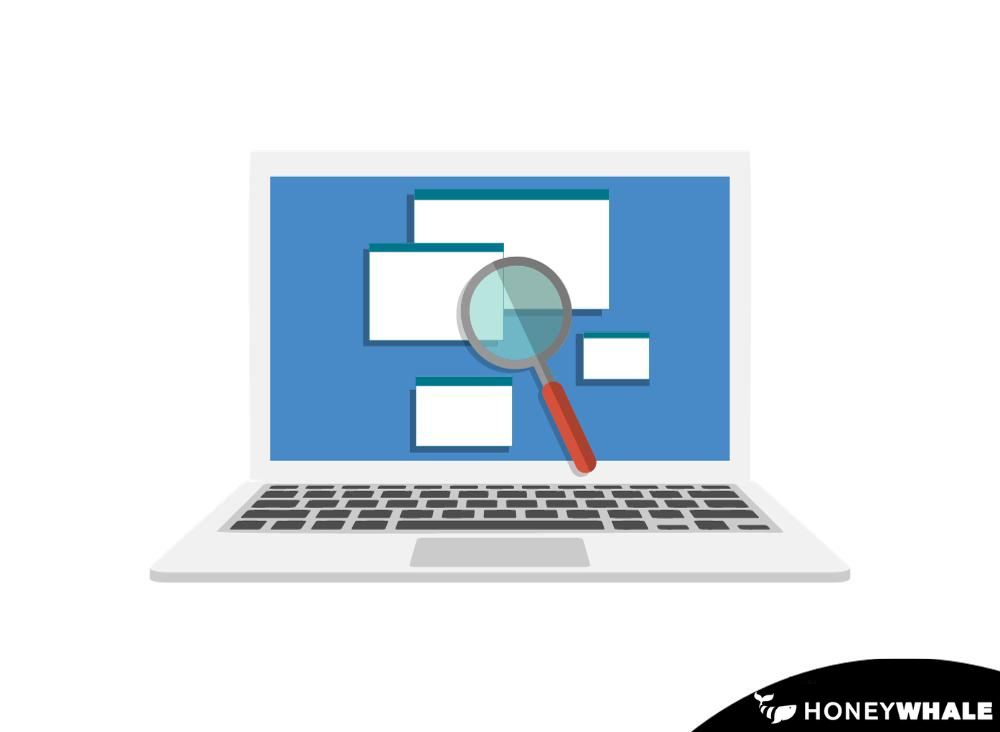magnifying glass on laptop screen infographic 