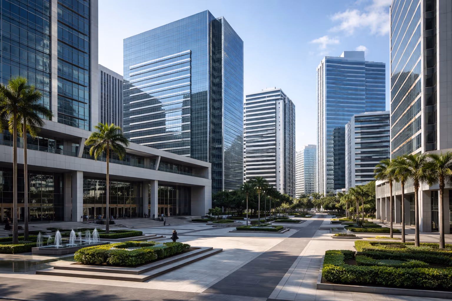 Complexo moderno de prédios de escritórios com fachadas de vidro, palmeiras, fontes e áreas ajardinadas sob céu azul claro.