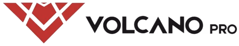 Logotipo da marca Volcano Pro com símbolo geométrico vermelho e texto em preto.