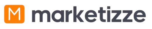 Logotipo da Marketizze com um M branco em um quadrado laranja ao lado do nome em fonte cinza.