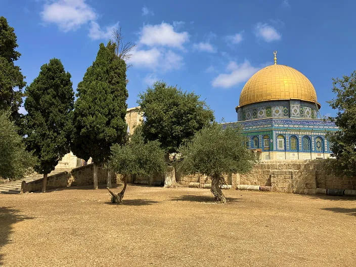 The Dome of the Rock with its golden dome and blue mosaic exterior, surrounded by trees under a partly cloudy blue sky.