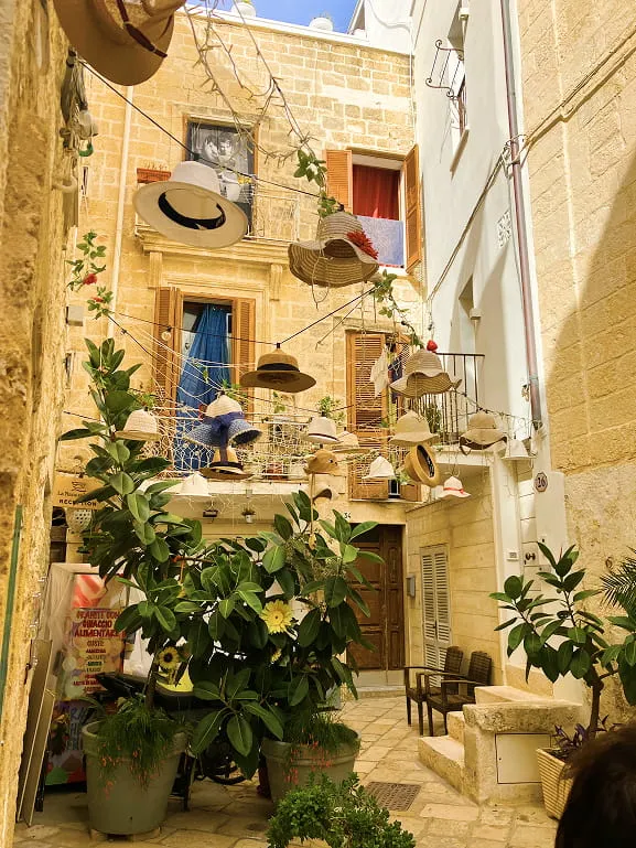 Sunny narrow street with hanging hats and potted plants in front of stone buildings with open windows and wooden shutters.