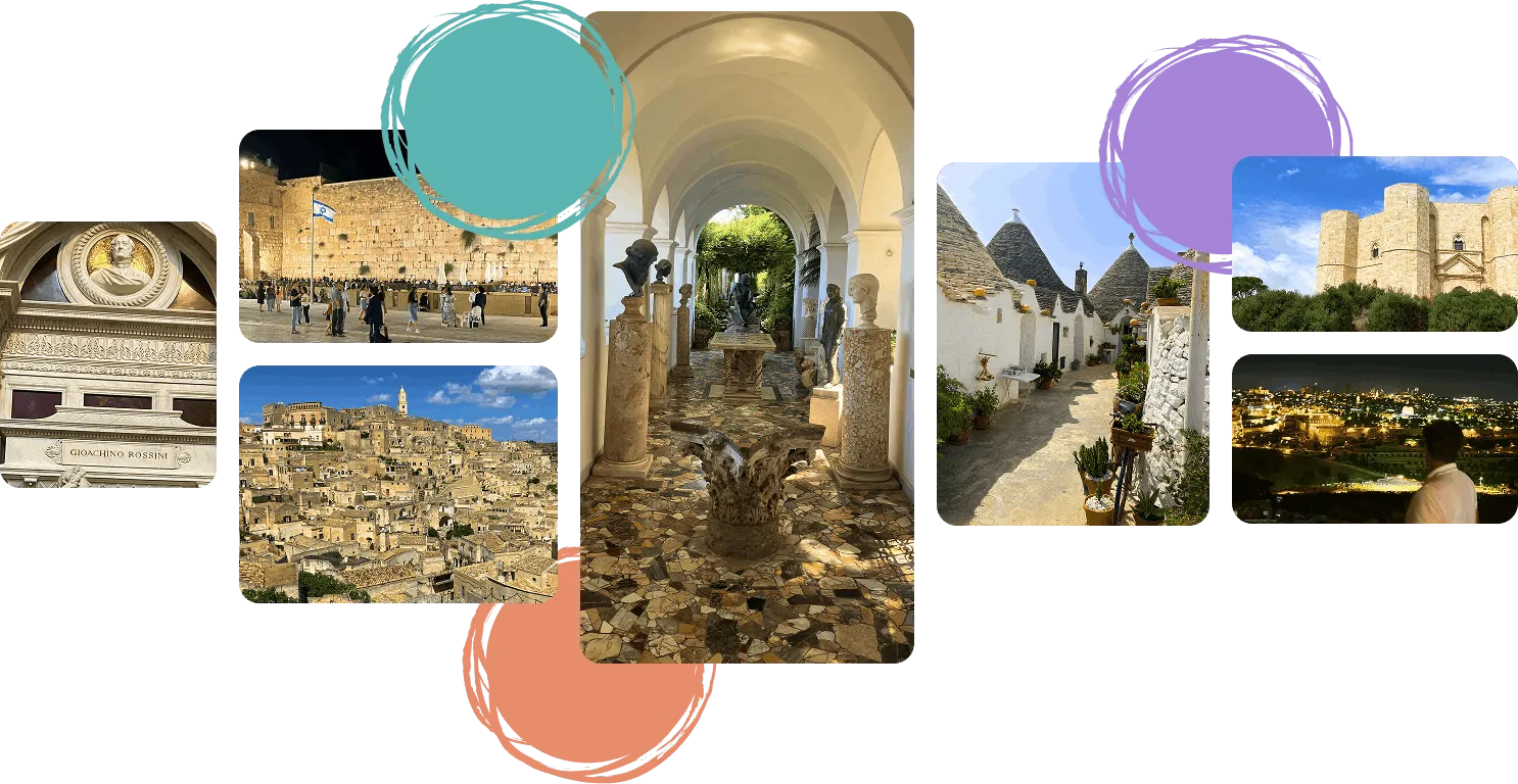 Collage of Italian landmarks and scenes including a corridor with classical busts, the Western Wall at night, ancient stone cityscape under blue sky, traditional trulli houses, a historic castle, and a city view at night with a person observing.